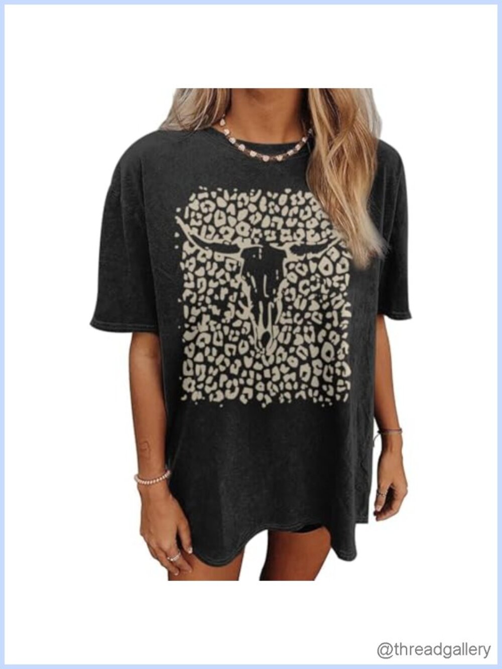 Women's Acid Wash Cow Skull Graphic Tee Oversize Western Cowgirl T-Shirt